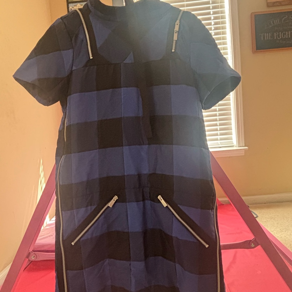 Sacai Blue and Black Striped Short Sleeve Dress with Zippers